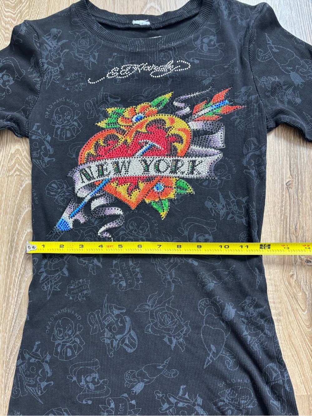 Y2K Ed Hardy by Christian Audigier New York Cross Rhinestone Thermal Long Sleeve - Picture 6 of 8